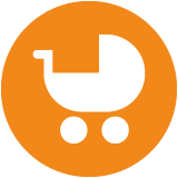 Neu in der Schweiz - Kreis mit einem Kinderwagen in der Mitte.