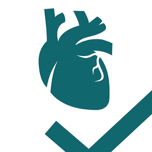 Grün, blaues anatomisches Herz und Hacken auf weissem Hintergrund