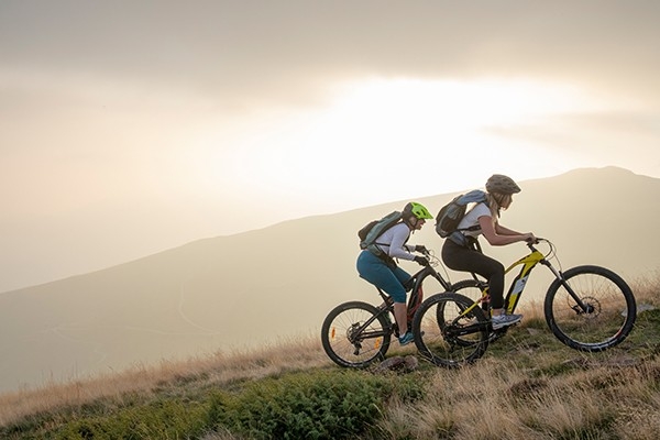 Zwei Radfahrer erklimmen mit dem Fahrrad einen Berg.