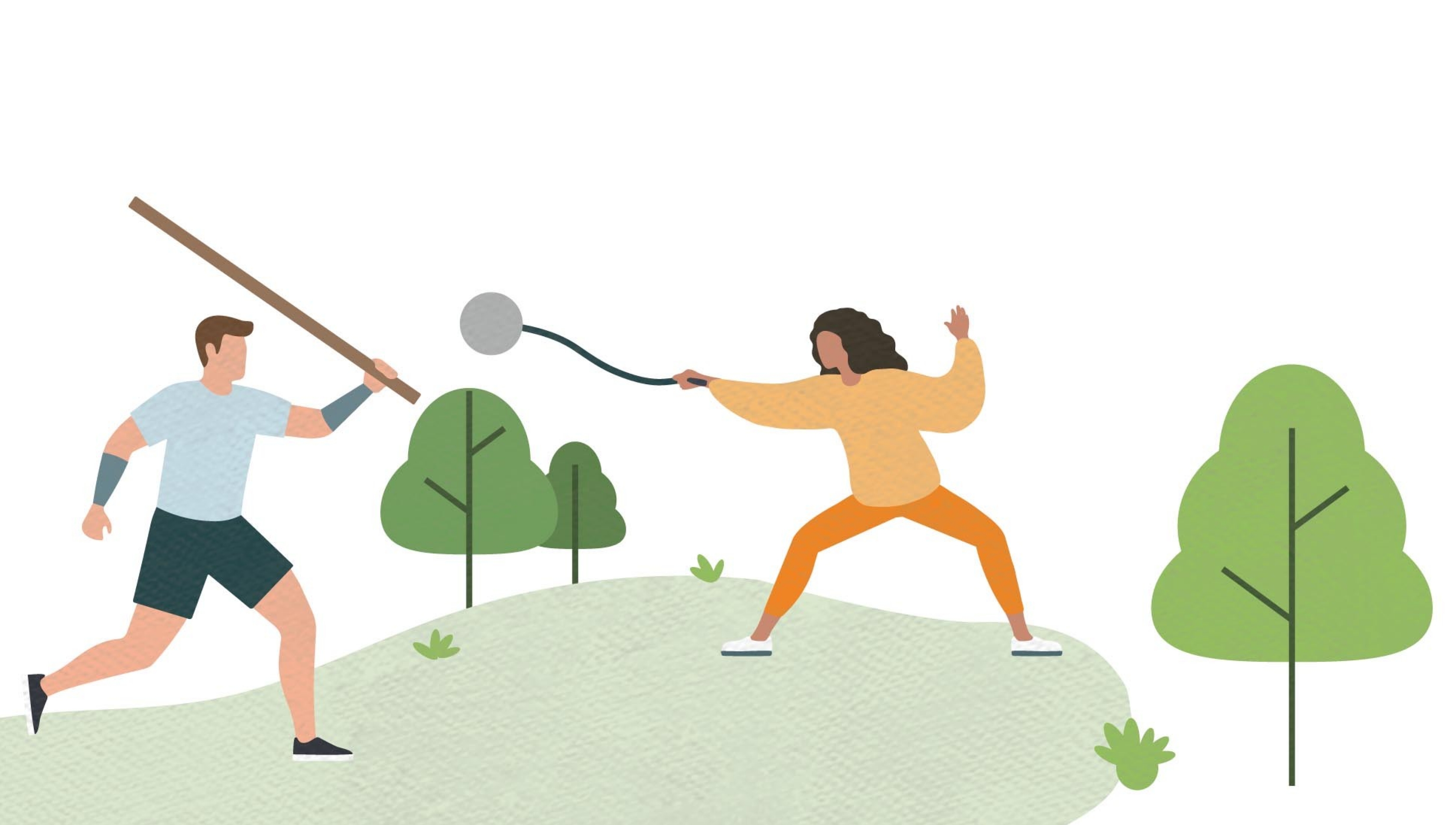 eine Illustration von zwei Personen, die auf einem grünen Feld Jugger spielen.