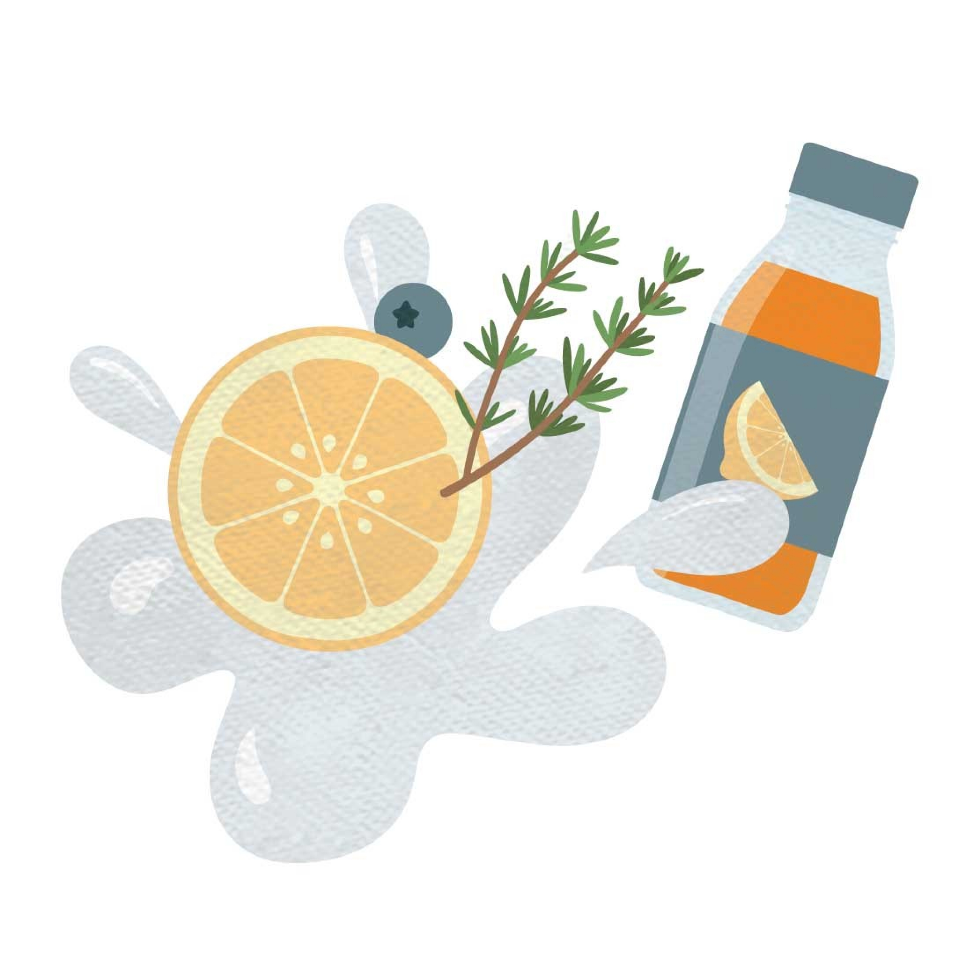 eine Illustration mit einer Flasche Orangensaft, einer Scheibe Orange, einer Heidelbeere und Kräutern.