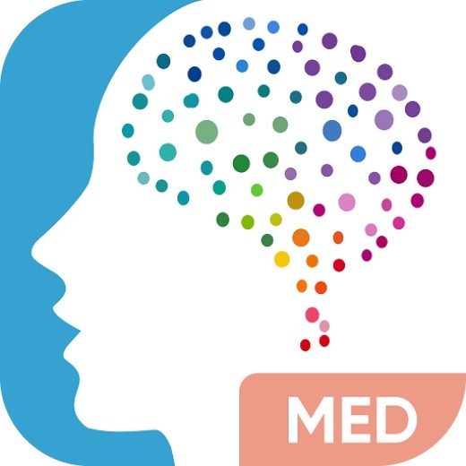 Weisser Kopf vor blauem Hintergrund. Bunte Punkte symbolisieren das Gehirn.  