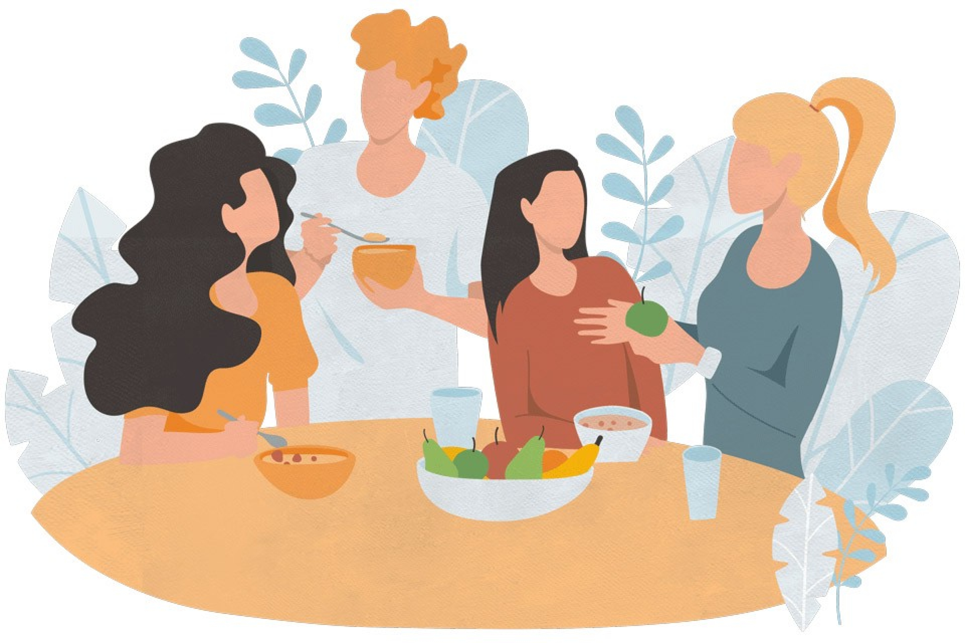 Intuitives Essen - die Illustration zeigt eine gemütliche Runde von Menschen am Essenstisch