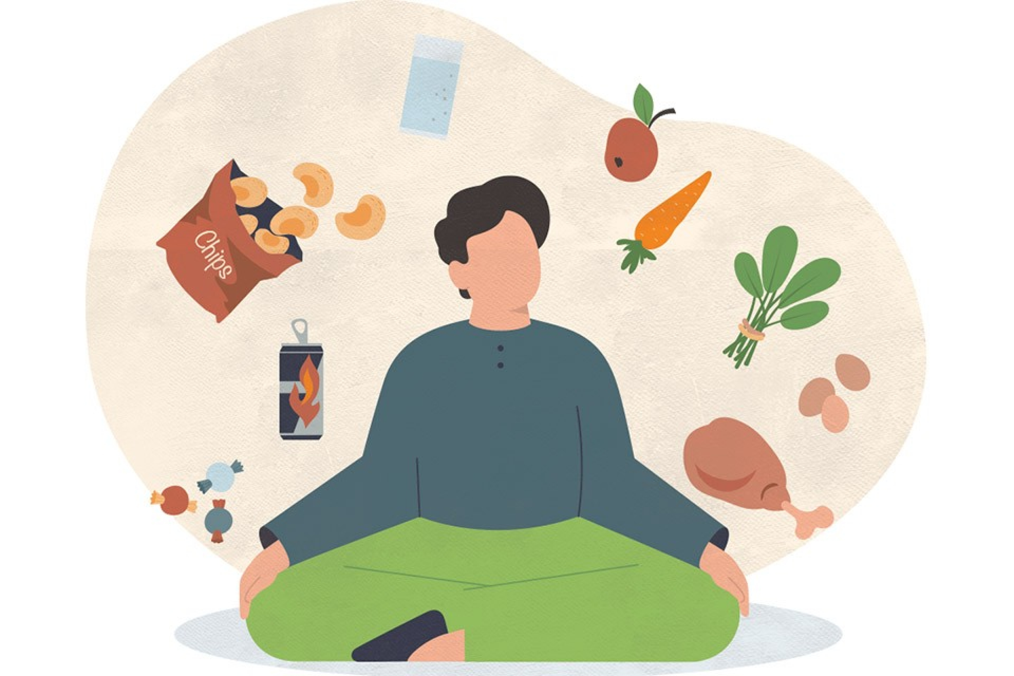 Intuitives Essen - die Illustration zeigt einen meditierenden Mann umkreist von seinen Hungergelüsten