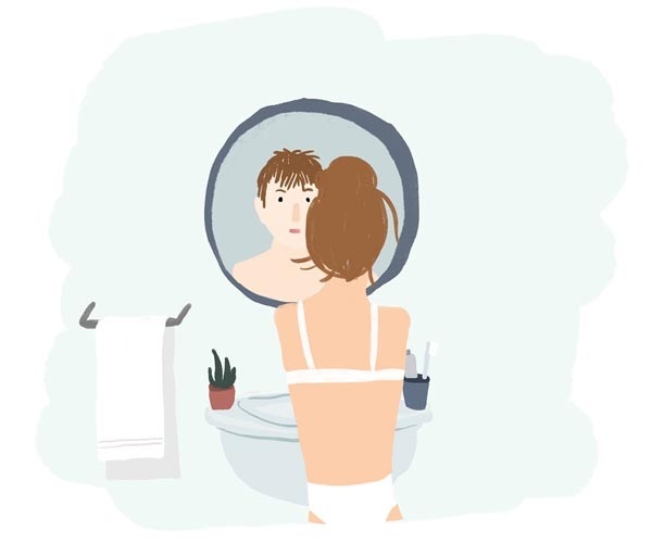 Transgender im Alltag: Die Illustration zeigt ein Mädchen, das vor dem Spiegel sitzt. Aus dem Spiegel blickt ihr jedoch ein Bub entgegen.